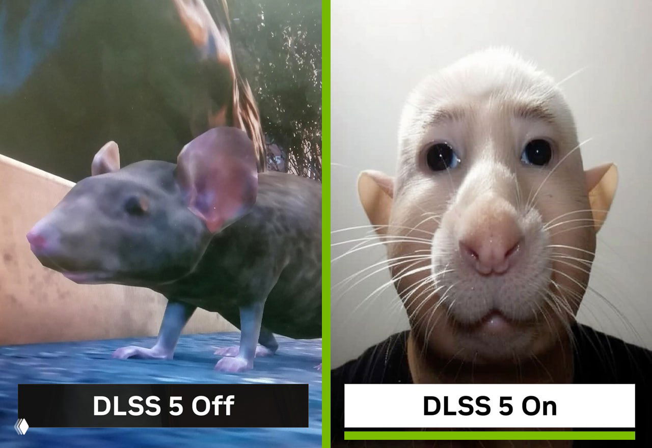 Сравнение грызуна: слева рендер крысы в игре, справа человекоподобная морда с кошачьими и человеческими чертами — пример нежелательной стилизации DLSS 5.
