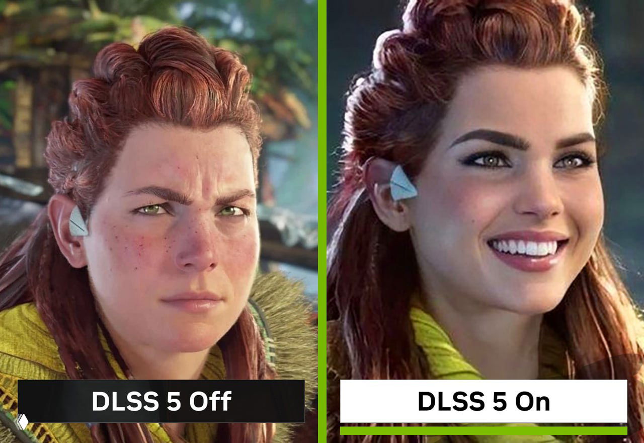 Две версии женского игрового героя: слева оригинальная модель, справа сглаженная и «усреднённо красивая» версия с нереалистичной улыбкой — иллюстрация эффекта DLSS 5.
