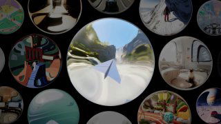 Круговой коллаж превью с центровым значком бумажного самолёта и миниатюрами сгенерированных виртуальных миров, иллюстрация возможностей Google Genie 3.