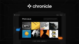 Скриншот интерфейса Chronicle: тёмная тема, логотип, панель миниатюр слайдов и пример pitch deck — генерация нейросетью.