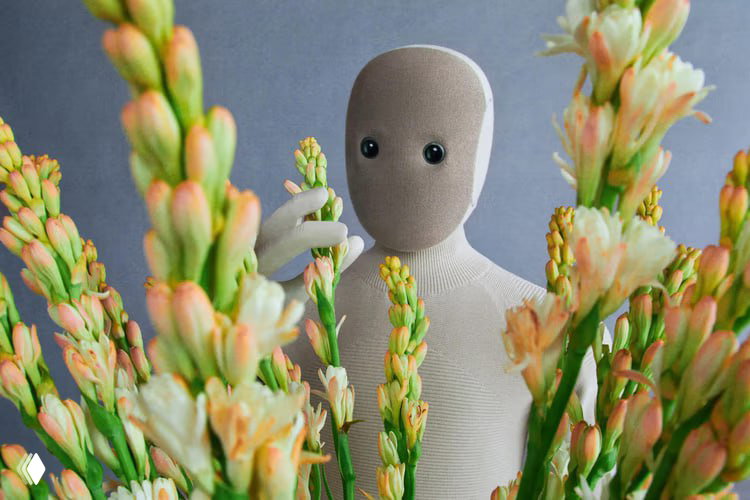 Крупный план головы и плеча гуманоидного робота Neo на фоне цветущих растений, подчёркивая мягкий и дружелюбный дизайн.