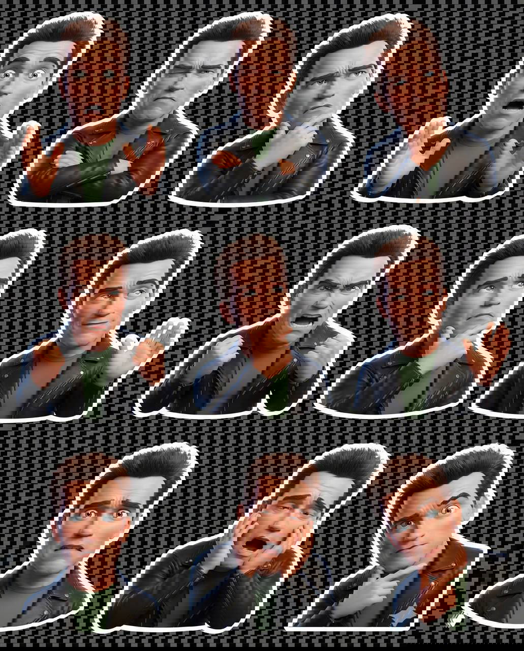 Коллаж 3×3 Pixar‑стикеров: мужчина в тёмной кожаной куртке, девять выразительных эмоций и поз на прозрачном фоне, готово для стикеров.