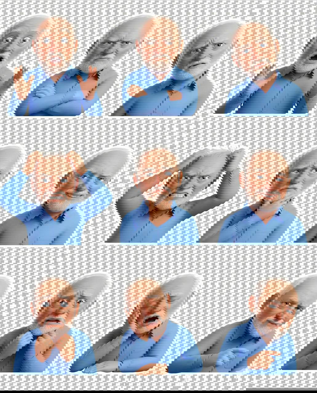 Коллаж 3×3 Pixar‑стикеров: пожилой седой мужчина в голубой рубашке, девять выразительных эмоций и поз на прозрачном фоне, готово для стикеров.