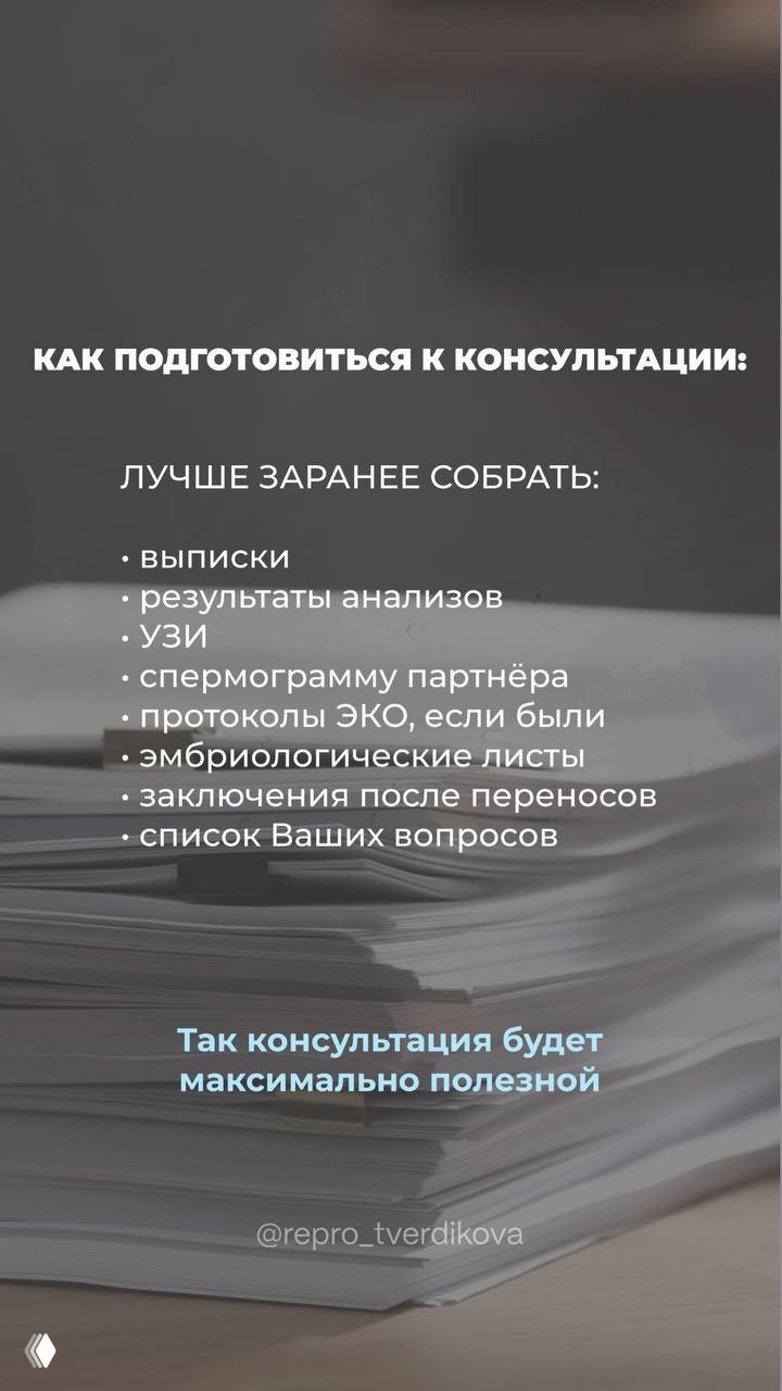 Слайд о подготовке к консультации: стопка выписок и документов на столе, список необходимых материалов — выписки, УЗИ, спермограмма, протоколы ЭКО