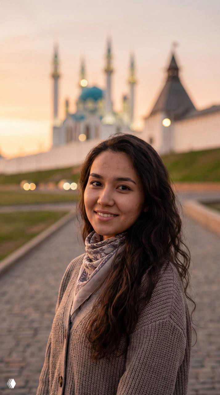 Портрет улыбающейся молодой женщины на улице на фоне архитектуры с куполами и минаретами при закатном свете; мягкое боке и естественное освещение.
