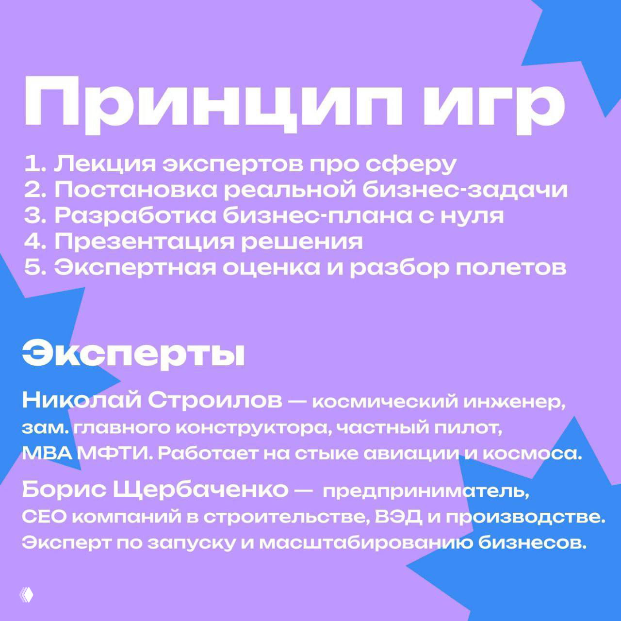 Информационный слайд формата и принципов игры: заголовок «Принцип игр», нумерованный список этапов и блок «Эксперты» с именами и кратким описанием.