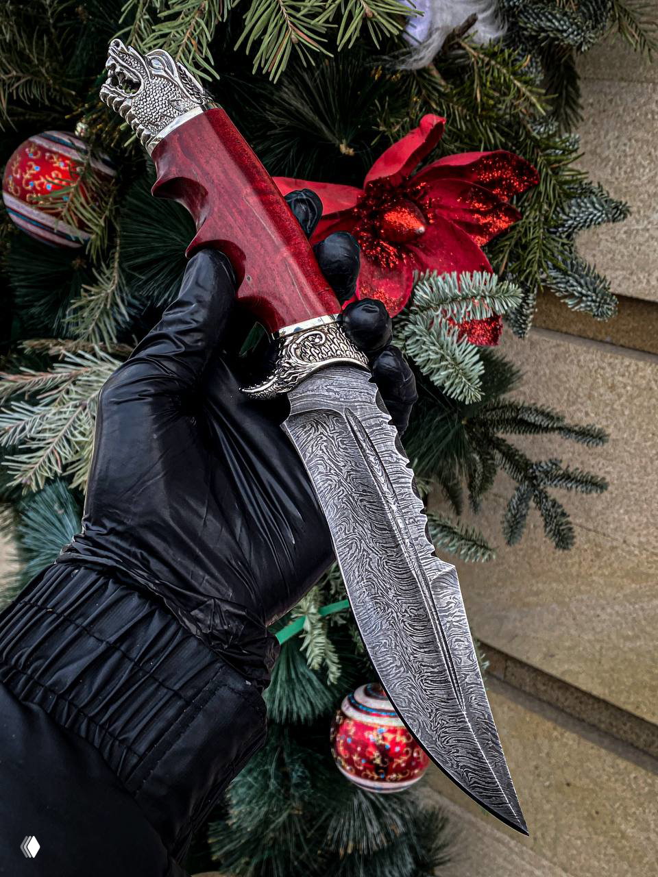 Дракон — нож из дамаска, рукоять карельская береза