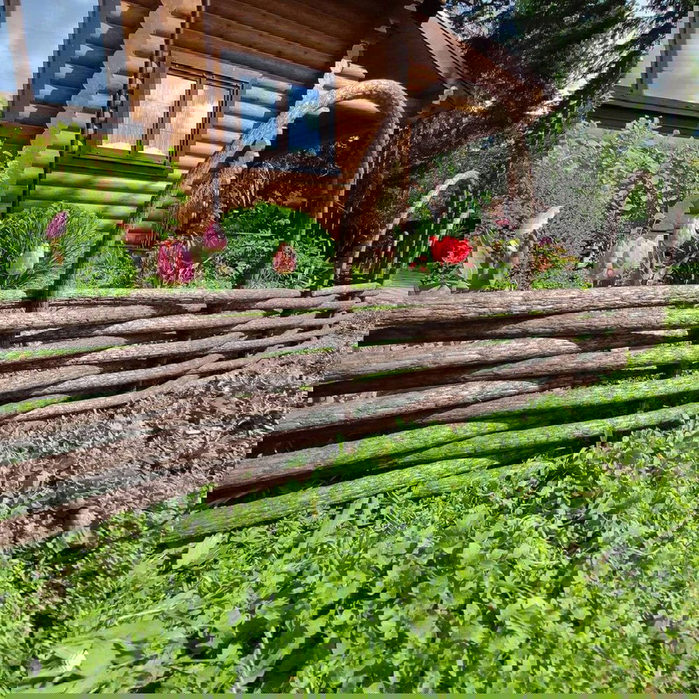 Плетёный забор из полимерной лозы перед деревянным домом с тюльпанами и зеленью, демонстрирующий декоративное ограждение для сада.