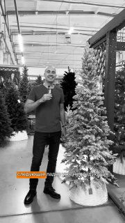 Мужчина возле заснеженной искусственной ёлки в торговом зале; кадр демонстрирует текстуру и эффект «снега» на ветках.