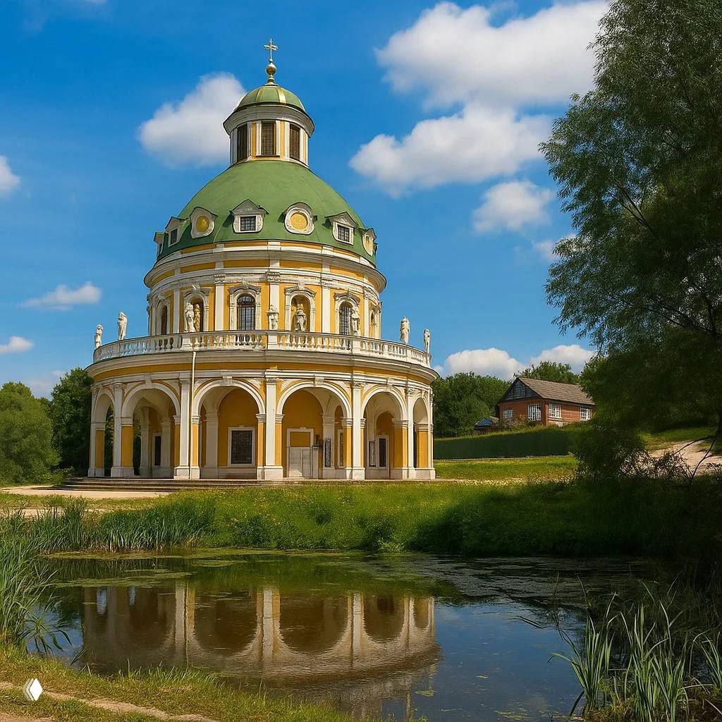 Общий вид ротонды Храма Рождества Богородицы у пруда в Подмолково: отражение в воде, зелёные деревья и пасторальный пейзаж вокруг.