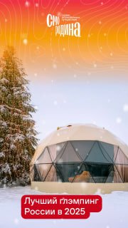 Крупный план геокупола с видом изнутри: уютная кровать и панорамное окно, через которое видна заснеженная река и зимний лес.