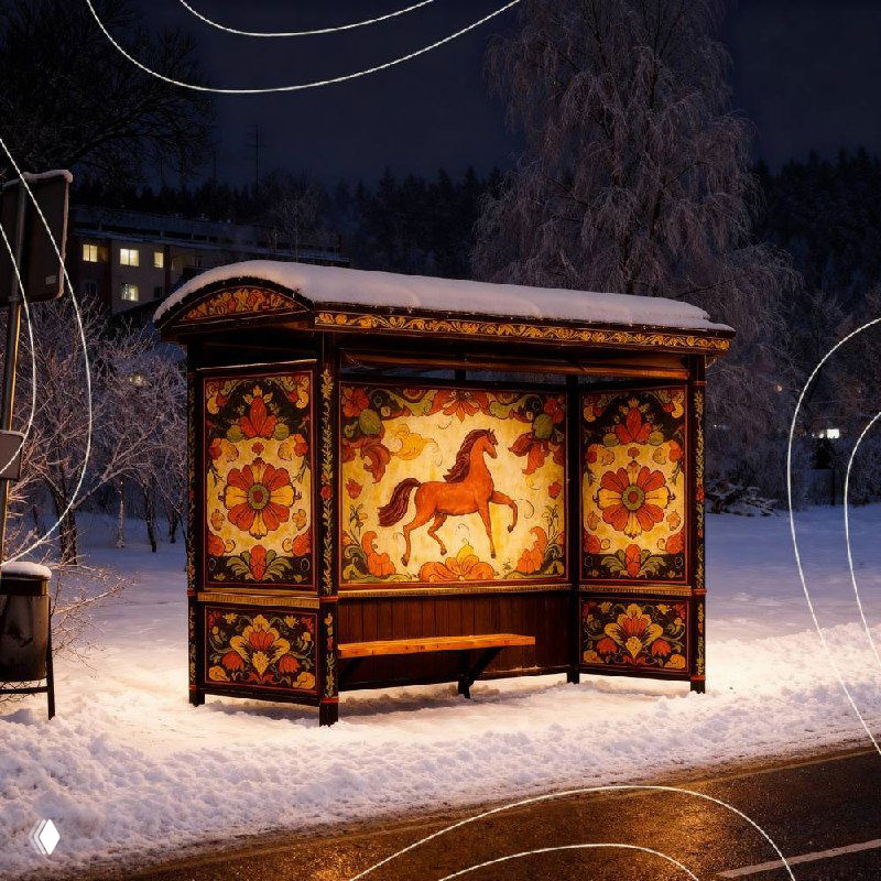 Несколько расписных остановок в зимнем городе: повторяющиеся мотивы, лавки, снег и тёмный неяркий фон леса за кадром, ночная сцена.