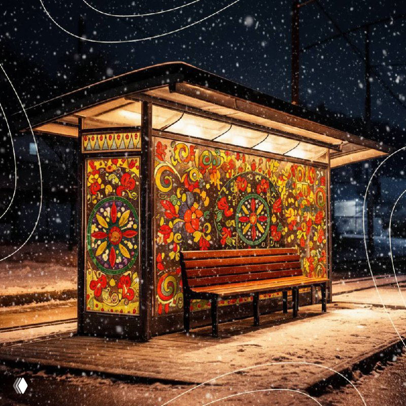 Деталь расписной панели пермогорской росписи на остановке: яркие красно-зелёные узоры и цветочные мотивы, снег и уличное освещение создают атмосферу.