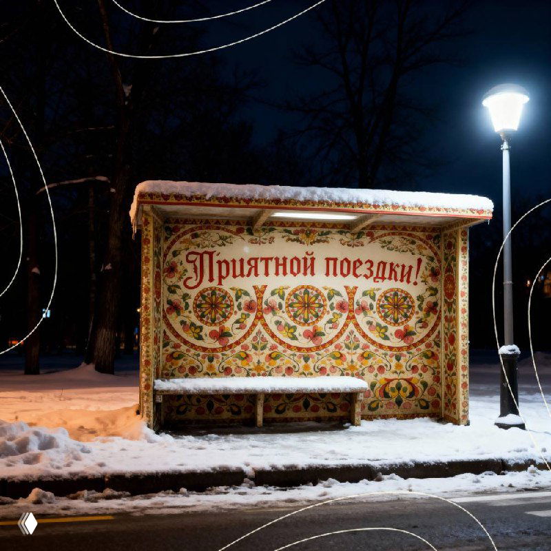 Панорама расписной автобусной остановки с бело-чёрными и красочными орнаментами пермогорской росписи, дорожное покрытие и снежный бордюр видны на переднем плане.