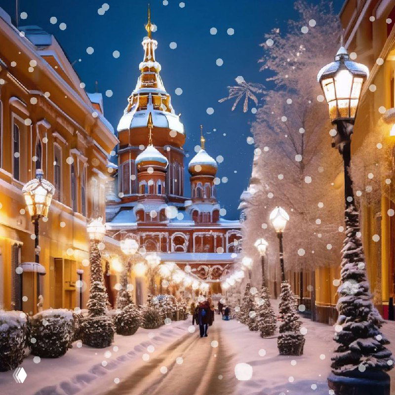 Пешеходная улица Рязани вечером: огни, украшенные ели и купола церкви на заднем плане под падающим снегом.