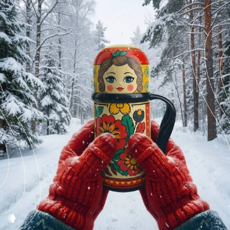 Расписная матрёшка и зимний лес на заднем плане — крупный план яркой куклы с традиционным цветочным узором в снегу