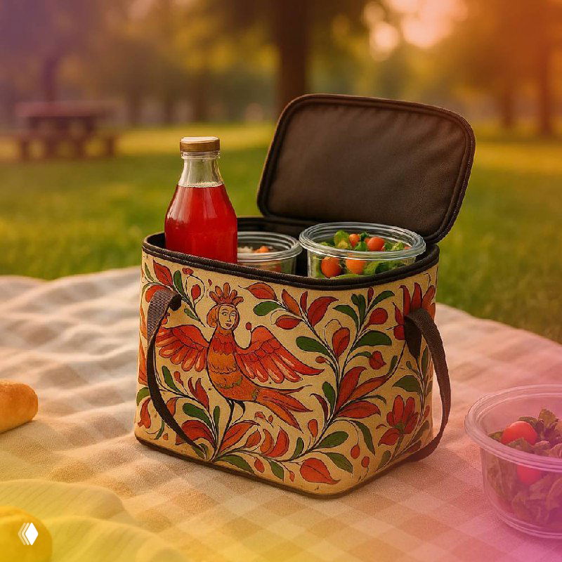 Ланчбокс и сумка с характерной великоустюжской росписью на пикнике — узоры ярких цветов на бересте и дереве.