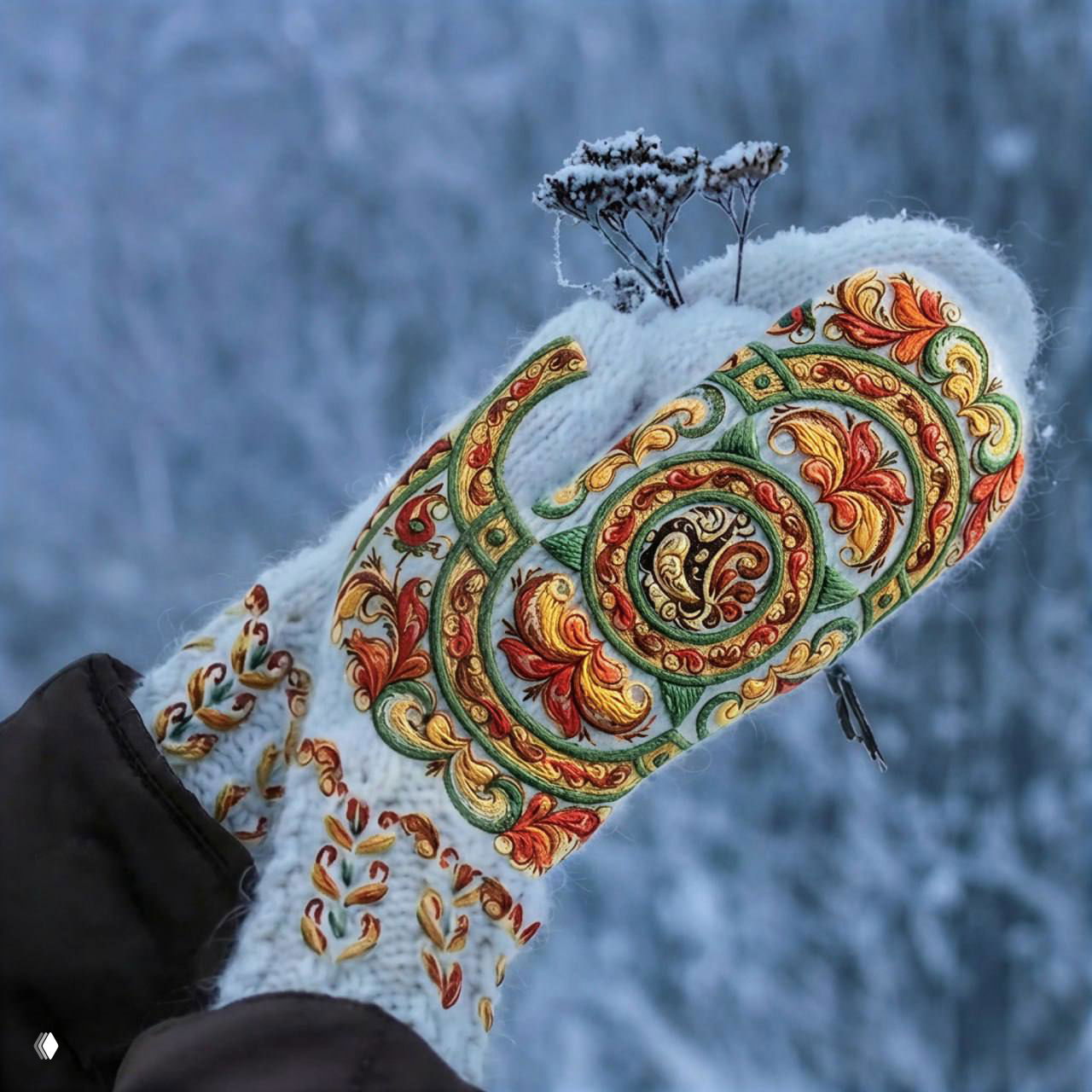 Крупный план вязаной варежки с вышитым орнаментом ракульской росписи в золотисто-красно-зелёных тонах на фоне снега.