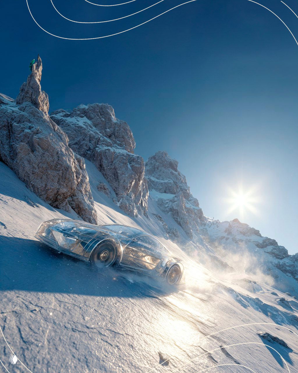 Горный пейзаж и концептуальный автомобиль, несущийся по снежному склону у скалистых вершин под ярким солнцем в ясный зимний день.