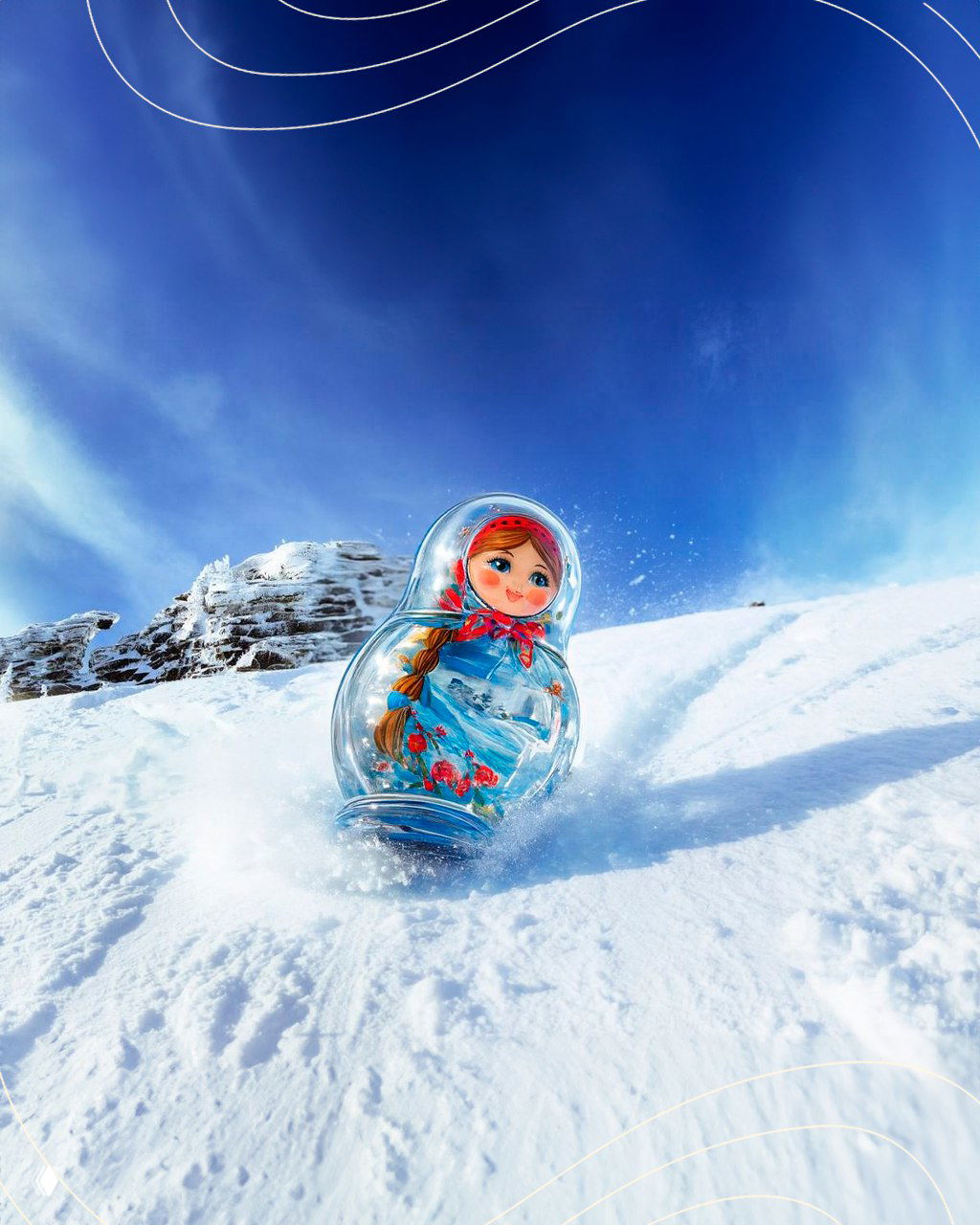Прозрачная матрёшка, катящаяся по снегу, изображённая на фоне заснеженных склонов и яркого голубого неба в солнечный день.