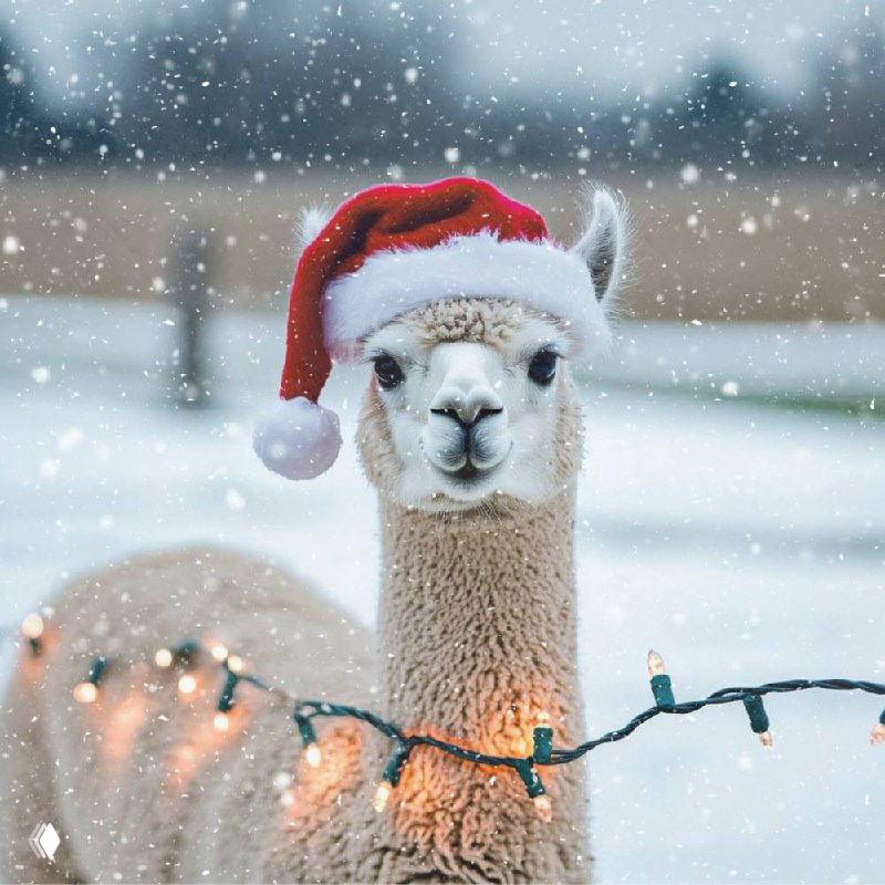 Альпака в новогодней шапке Санты и гирляндой на шее на заснеженной поляне: падает снег, теплые огоньки и праздничная атмосфера загородной экскурсии.