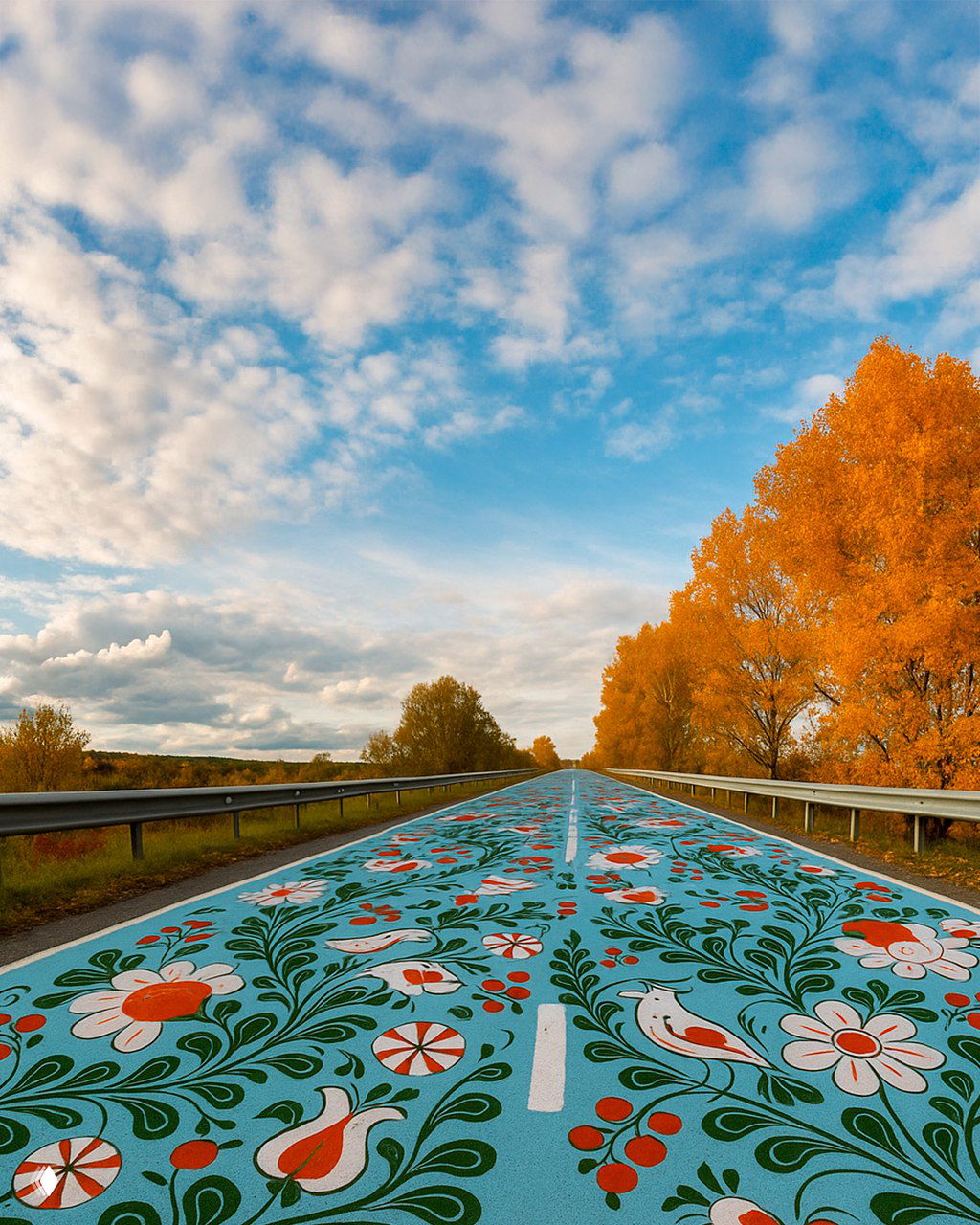 Перспективный вид дороги, украшенной синими и красными цветочными элементами онежской росписи, широкое голубое небо и ряд деревьев с оранжевой листвой.