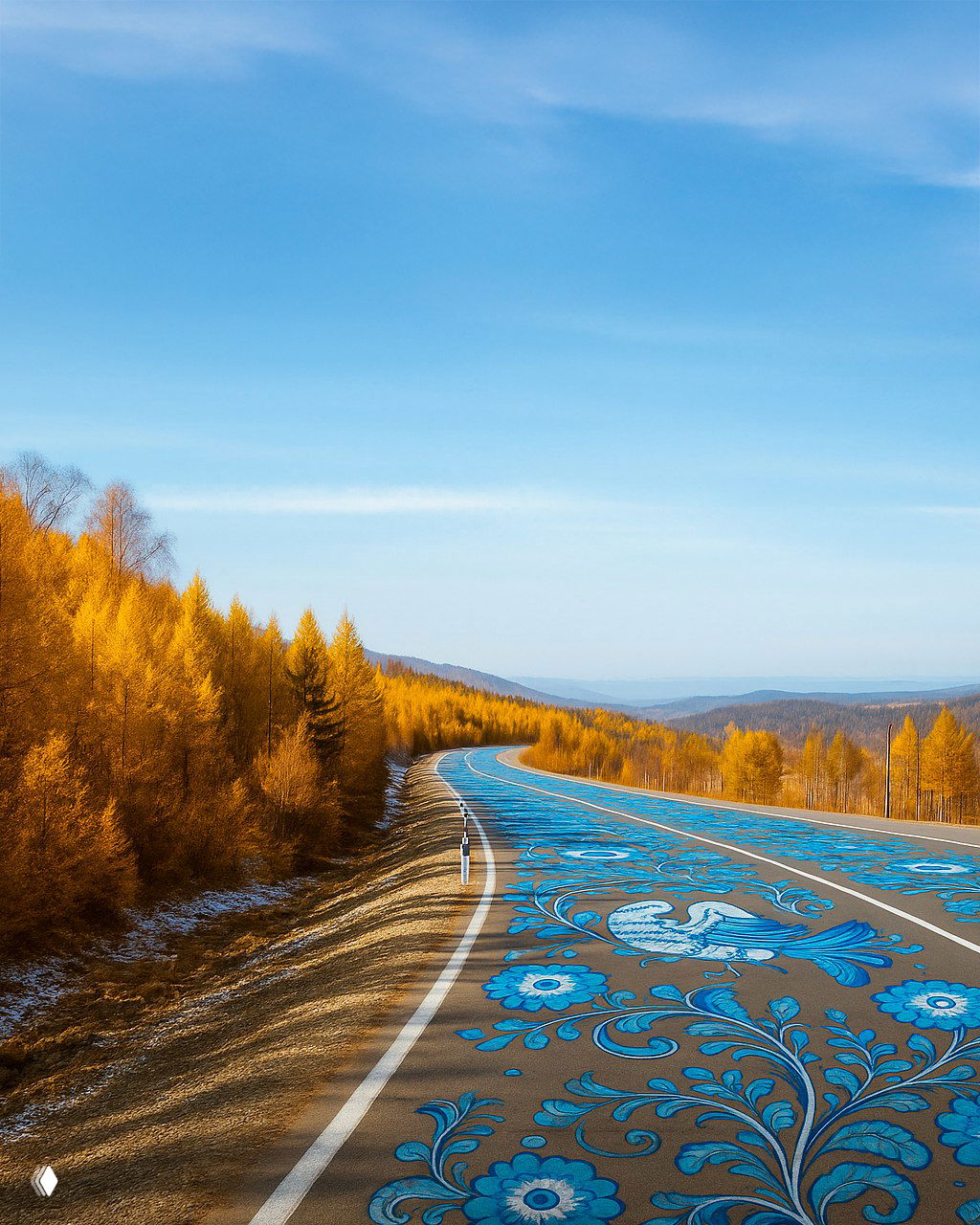 Изгибающаяся дорога с крупными растительными и птицевыми орнаментами онежской росписи на дорожном полотне и золотыми осенними деревьями по краям.