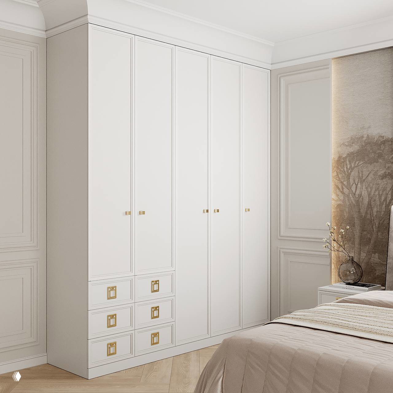 Высокий белый шкаф серии СИРИУМ со створками и рядом выдвижных ящиков внизу, демонстрирующий вариативность шкафных модулей коллекции.