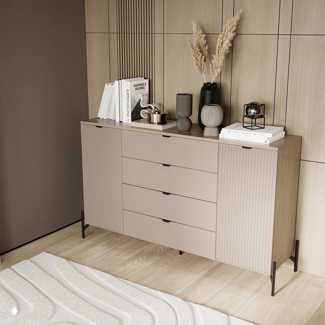 Комод серии НЕО с четырьмя выдвижными ящиками и рифлёными дверцами, корпус Дуб Верцаска, покрытие Тоффи.