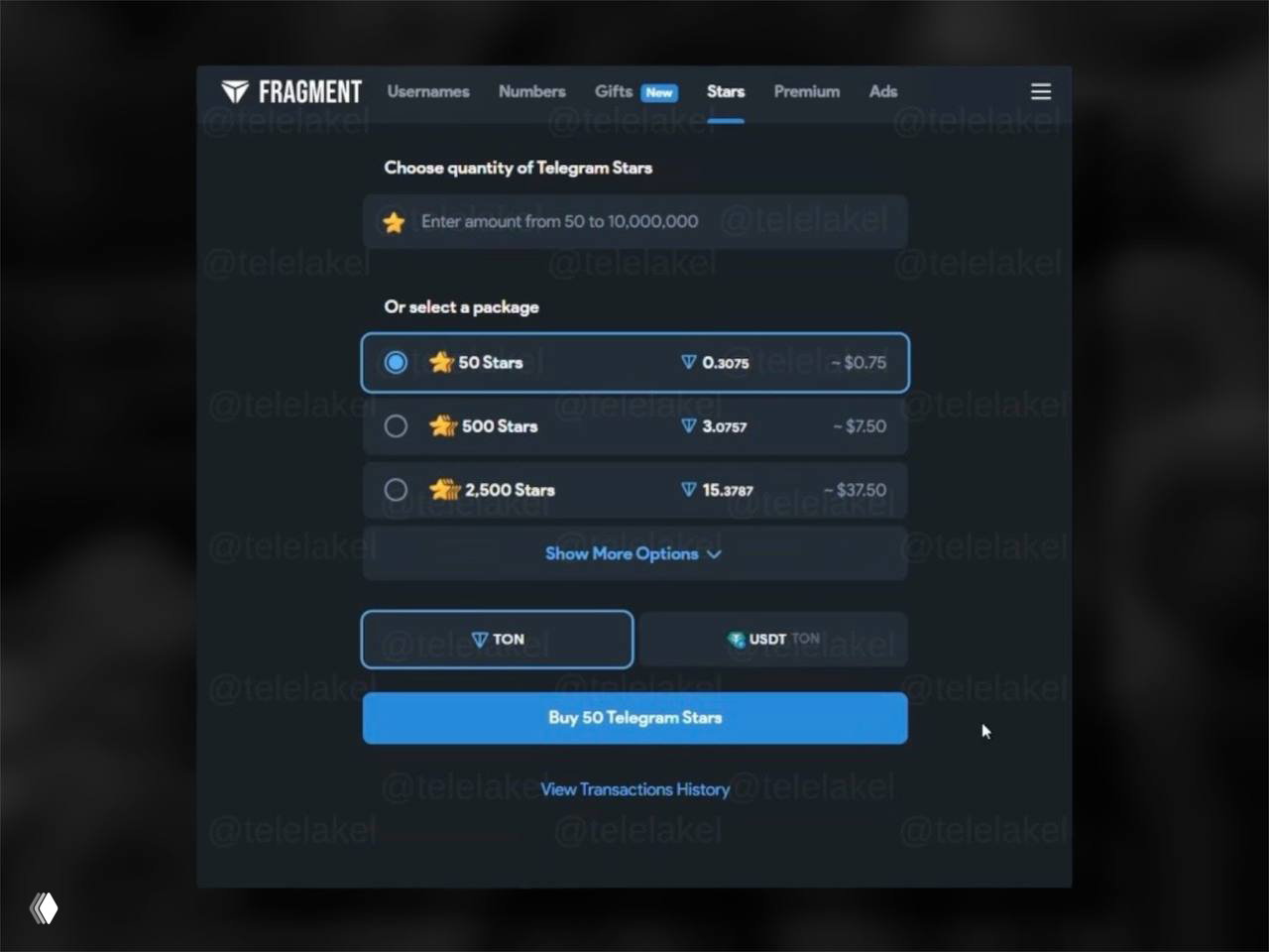 Fragment: упоминания покупки Stars через USDT (TON)
