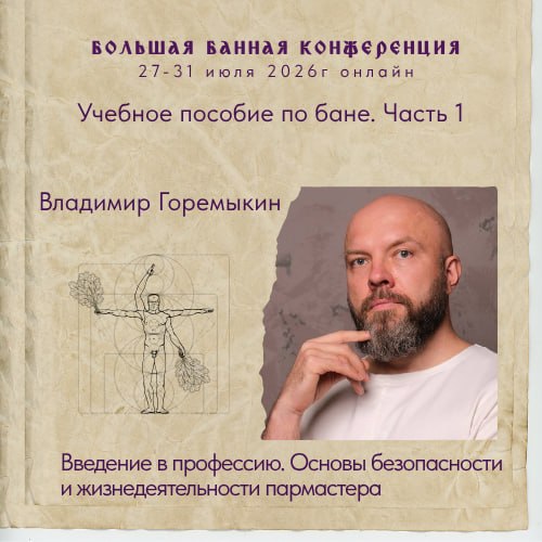 Портрет Владимира Горемыкина в студийном кадре: борода, задумчивый взгляд и рука у подбородка — иллюстрация анонса вебинара Большой Банной Конференции.