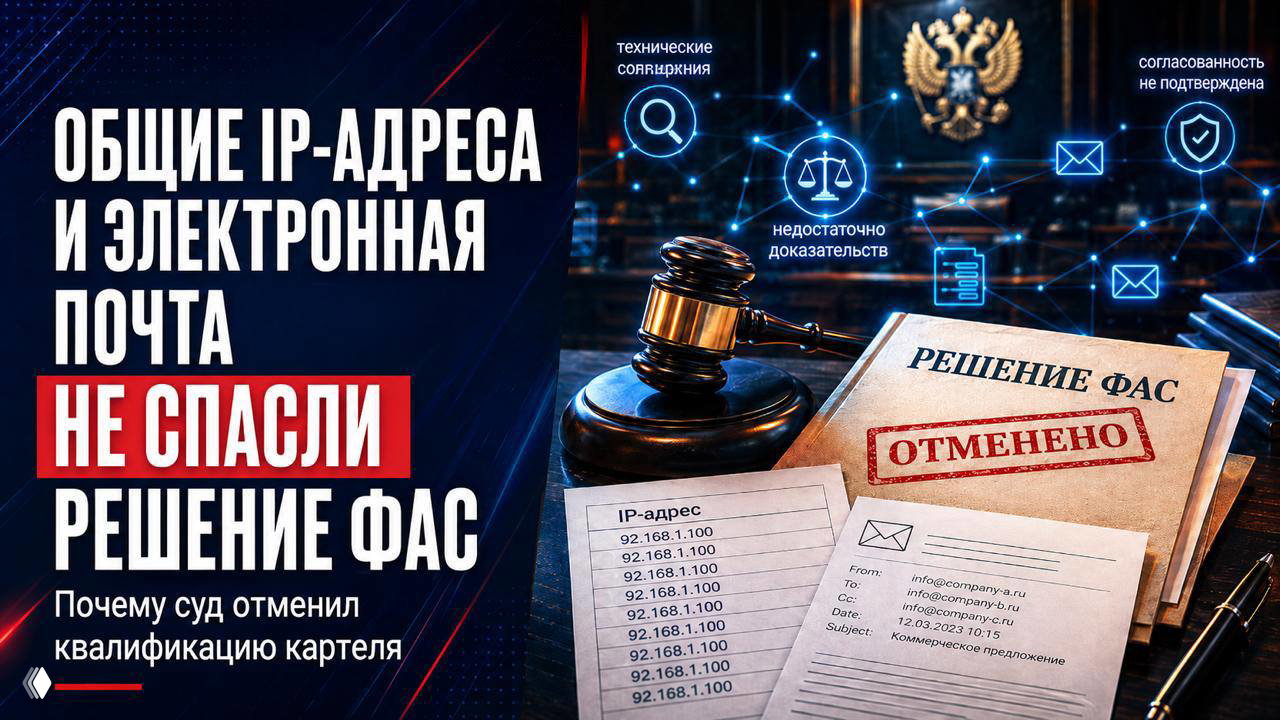 Иллюстрация: молоток судьи, папка с отметкой «Решение ФАС отменено», листы с IP‑адресами и эмблема правосудия на фоне