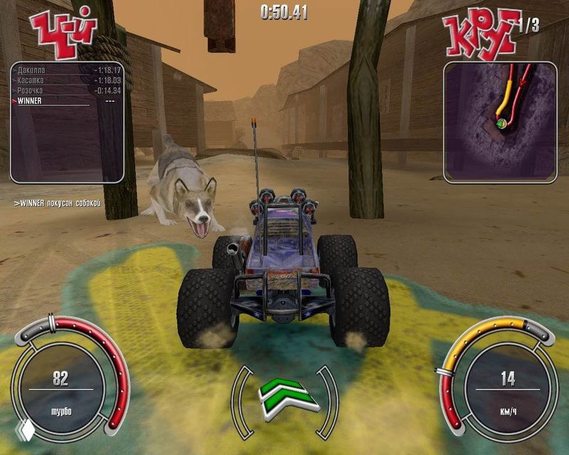 Скриншот геймплея «Недетские гонки»: вид от третьего лица на багги, песчаная трасса, HUD со спидометром и мини-картой в углу.