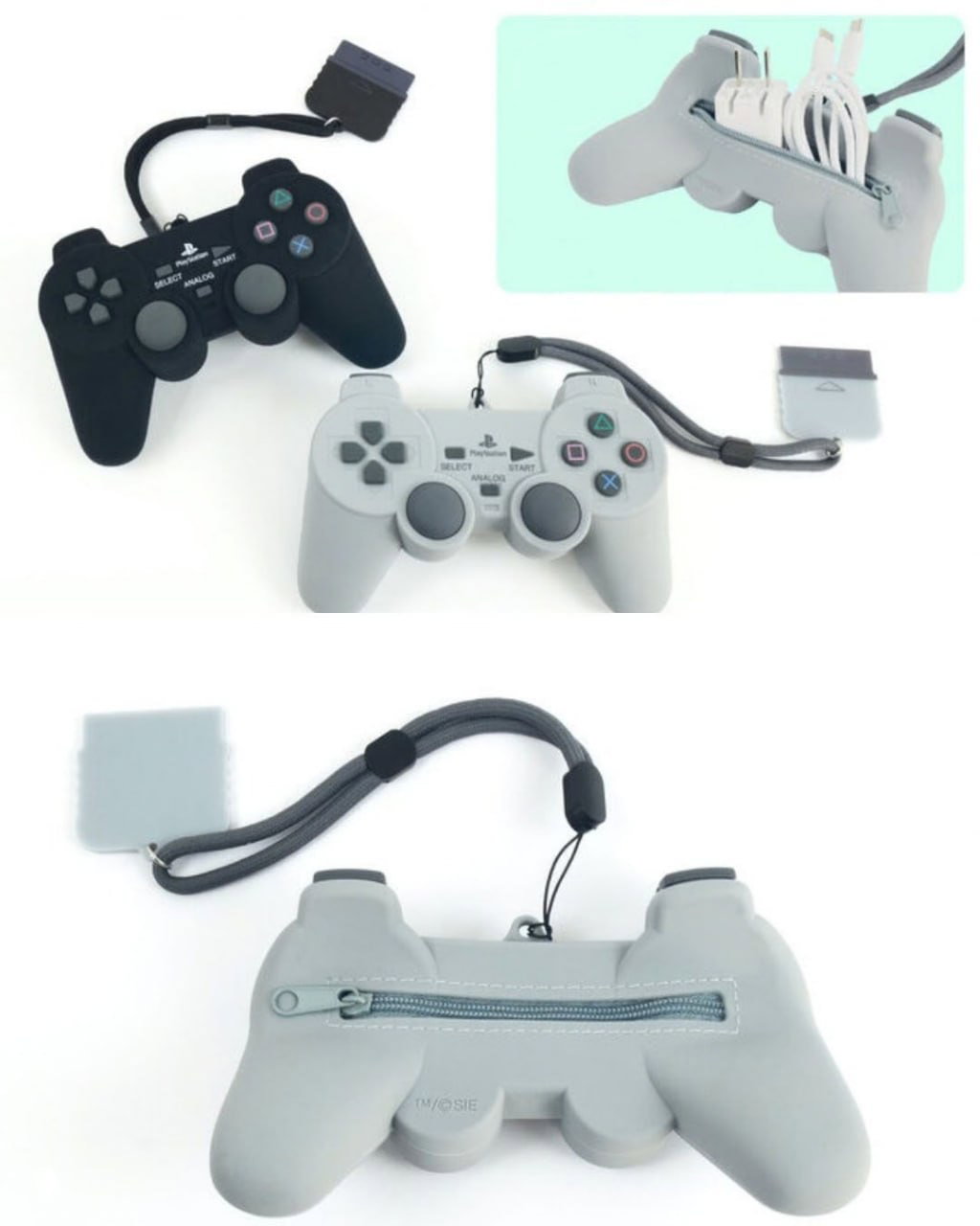 Серый пенал в форме контроллера DualShock прикреплён к рюкзаку; видны молния, шнурок и варианты использования в поездках и для хранения проводов.