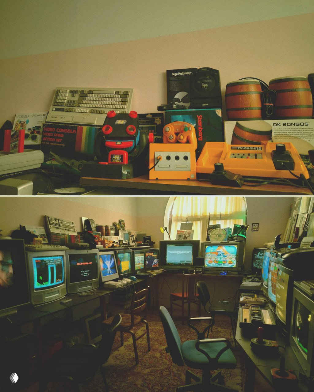 Разнообразные игровые устройства и аксессуары: геймпады, контроллеры, картриджи и коробки, выставленные на полке музея.