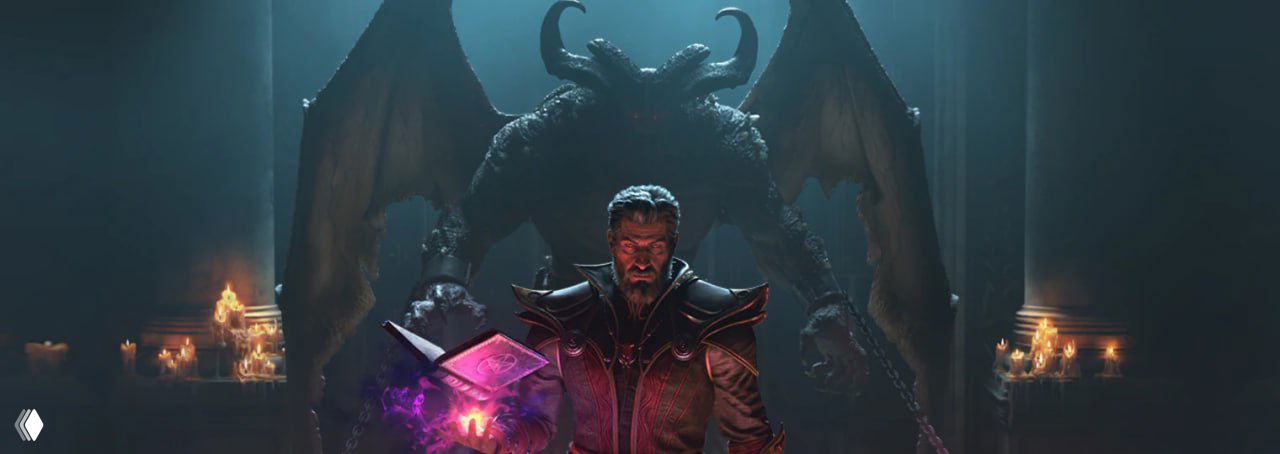 Крупный план персонажа-чернокнижника из промо-артов Reign of the Warlock для Diablo II Resurrected на тёмном фоне с демоническими силуэтами.