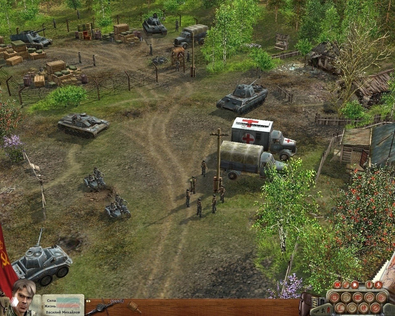 Скриншот из игры: поле боя с бронетехникой, санитарный грузовик и группы пехоты в зелёной лесной местности, вид сверху.