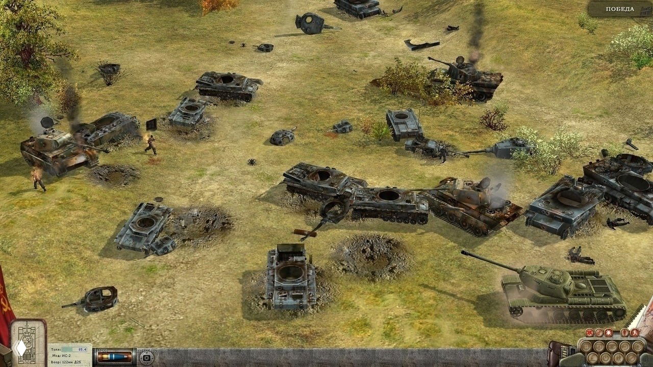 Бой с подбитой бронетехникой и воронками от снарядов на поле: разбитые танки и следы сражения в пастельно-жёлтой палитре.