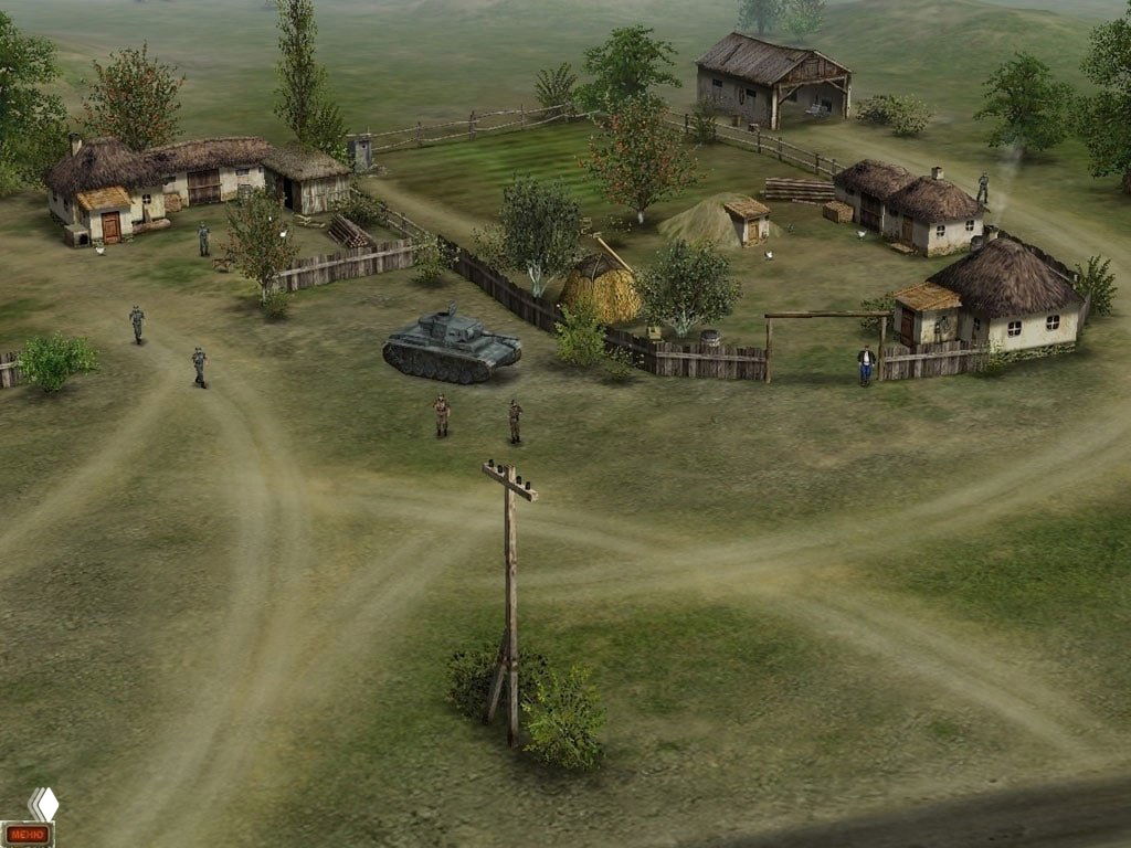 Пейзаж сельской деревни в игре: несколько домов, ограда, дорога и одиночный танк — спокойная сцена перед боем.