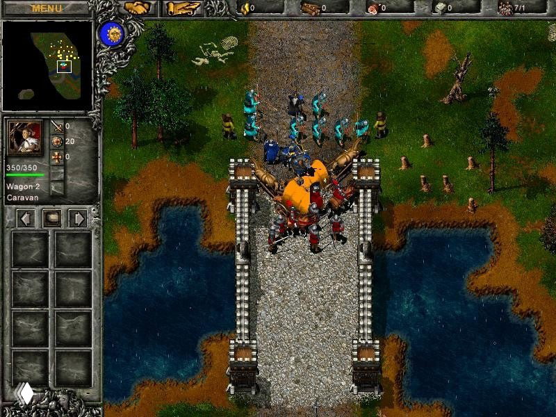 Бой на мосту в «Огнём и мечом»: отряды сражаются, вид части игрового интерфейса и анимация огня и эффектов боя.