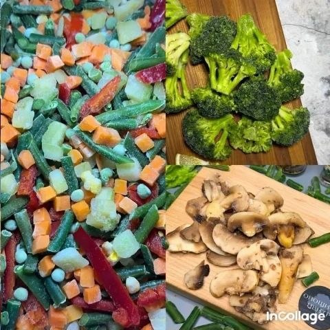 Крупный коллаж замороженных овощей: микс овощей, брокколи и нарезанные шампиньоны — ассортимент для прикормки или еды на выезде.