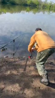 Два удилища на подставках возле берега, мужчина в оранжевой куртке собирает снасти; видны отражения деревьев и тихая майская вода вокруг.