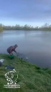 Рыбак у воды готовит прикорм или подсак у берега, видна гладь пруда, береговая растительность и логотип сообщества в углу кадра.