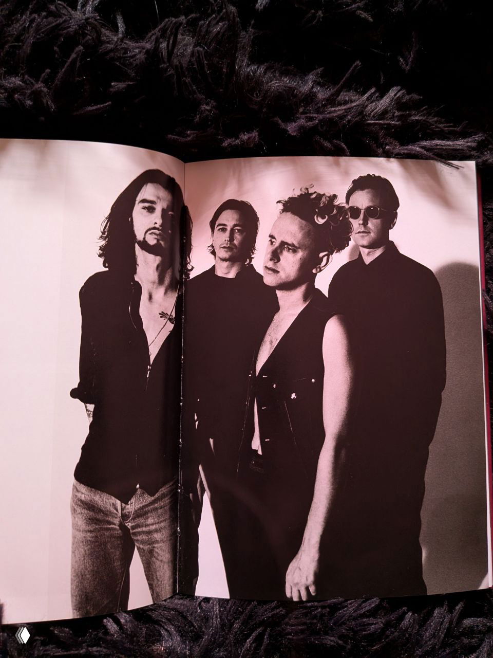 Страничный кадр с надгробием и портретами в чёрно‑белой гамме: атмосферный снимок с отсылкой к книге и творческим мотивам, мрачная композиция.