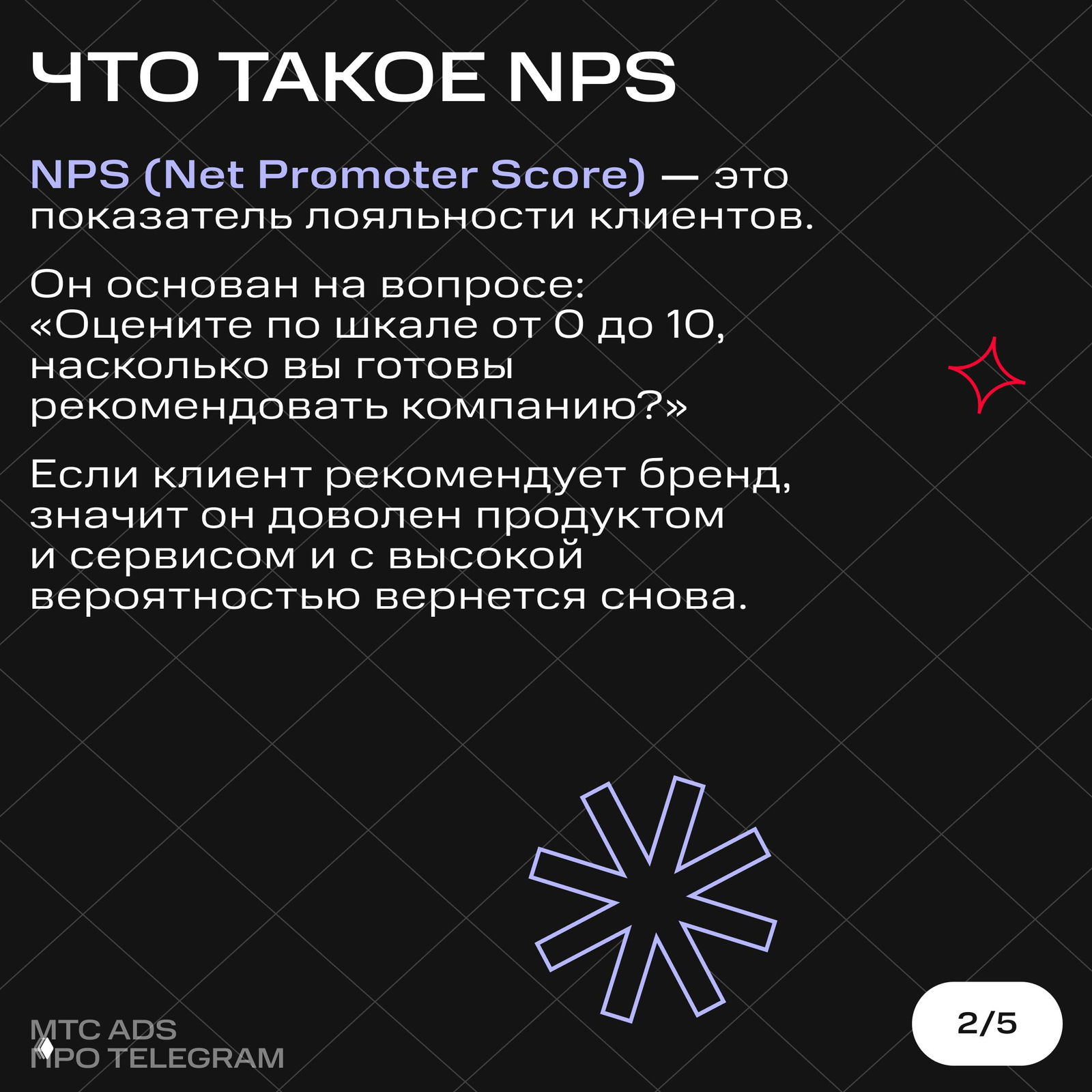 Слайд с заголовком «Что такое NPS» и объяснением Net Promoter Score — вопрос оценки по шкале 0–10 на тёмном фоне с графикой.