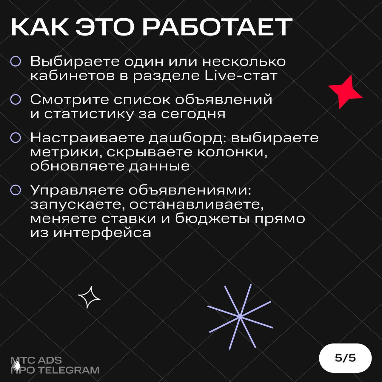 Слайд «Как это работает»: выбор кабинетов, список объявлений, настройка дашборда и управление объявлениями прямо из интерфейса.
