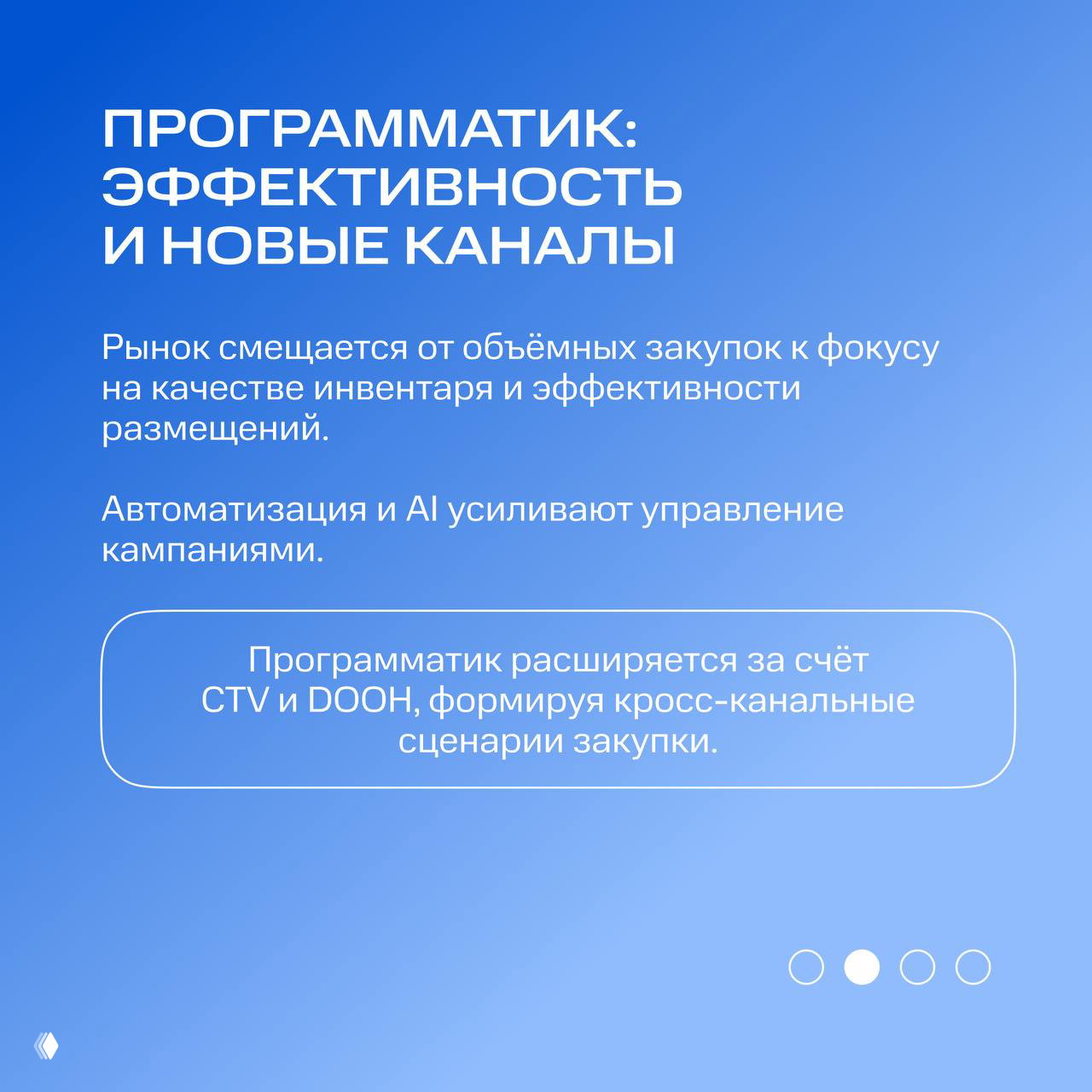 Слайд про программатику: текст о смещении к качеству инвентаря и усилении автоматизации, упоминание CTV и DOOH на синем фоне с рамкой выдержки.