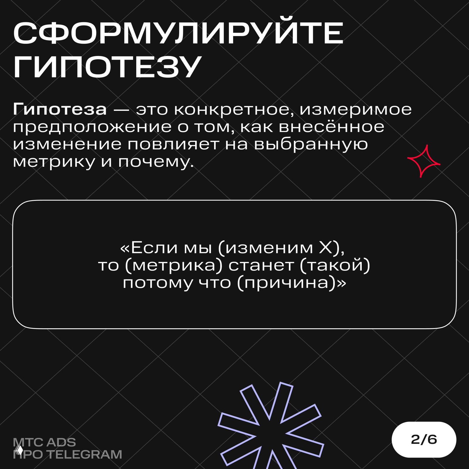 Слайд объясняет, как формулировать гипотезу: шаблон «Если мы (изменим X), то (метрика) станет (такой), потому что (причина)» на тёмном фоне.