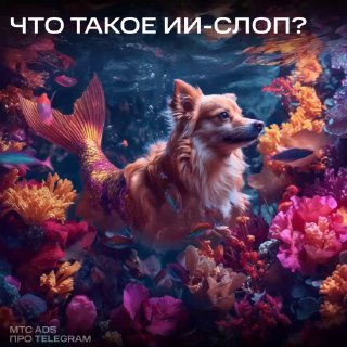 Иллюстративный арт: собака с хвостом русалки плывёт среди кораллов и рыб, на фоне крупная надпись «ЧТО ТАКОЕ ИИ‑СЛОП?».