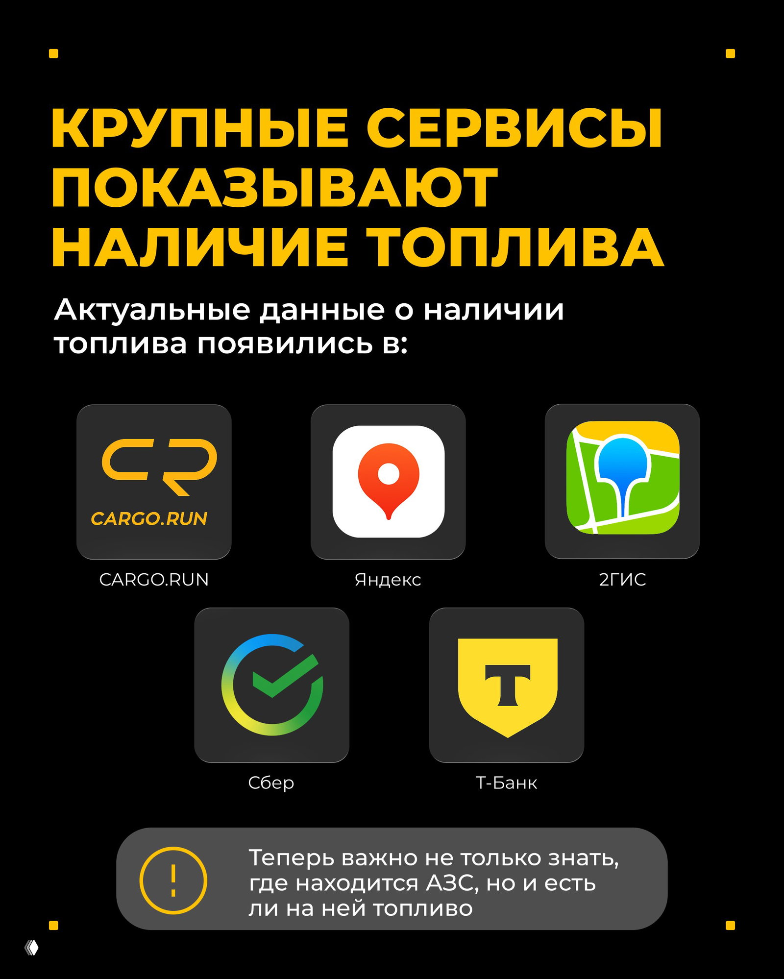 Картинка с логотипами сервисов CARGO.RUN, Яндекс, 2ГИС, Сбер и Т‑Банк на чёрном фоне — перечисление источников данных о наличии топлива на АЗС.